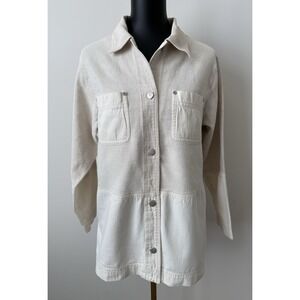 Susan Bristol Women's S Cotton/Linen Oatmeal Knit/Denim Button-Up Top EUC